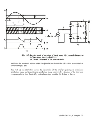 Therefore for sustained inverter mode of operation the connection of E must be reversed as
shown in Fig 10.7(b).
Fig 10.8 (a) and (b) below shows the waveforms of the inverter operating in continuous
conduction mode and discontinuous conduction mode respectively. Analysis of the converter
remains unaltered from the rectifier mode of operation provided θ is defined as shown.
Version 2 EE IIT, Kharagpur 20
 