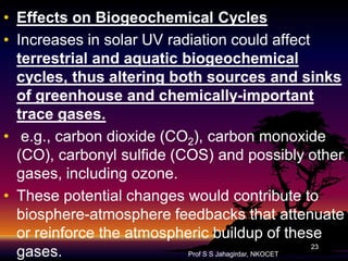 • Effects on Biogeochemical Cycles
• Increases in solar UV radiation could affect
terrestrial and aquatic biogeochemical
cycles, thus altering both sources and sinks
of greenhouse and chemically-important
chemicallytrace gases.
• e.g., carbon dioxide (CO2), carbon monoxide
(CO), carbonyl sulfide (COS) and possibly other
gases, including ozone.
• These potential changes would contribute to
biospherebiosphere-atmosphere feedbacks that attenuate
or reinforce the atmospheric buildup of these
23
Prof S S Jahagirdar, NKOCET
gases.

 