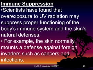 Immune Suppression
•Scientists have found that
overexposure to UV radiation may
suppress proper functioning of the
body’s immune system and the skin’s
natural defenses.
• For example, the skin normally
mounts a defense against foreign
invaders such as cancers and
infections.
Prof S S Jahagirdar, NKOCET

25

 