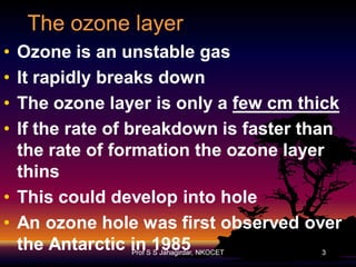 The ozone layer
•
•
•
•

Ozone is an unstable gas
It rapidly breaks down
The ozone layer is only a few cm thick
If the rate of breakdown is faster than
the rate of formation the ozone layer
thins
• This could develop into hole
• An ozone hole was first observed over
the Antarctic in 1985
Prof S S Jahagirdar, NKOCET

3

 