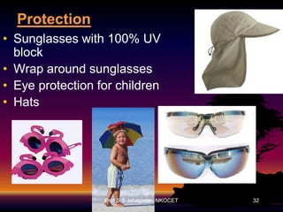 Protection
• Sunglasses with 100% UV
block
• Wrap around sunglasses
• Eye protection for children
• Hats

Prof S S Jahagirdar, NKOCET

32

 