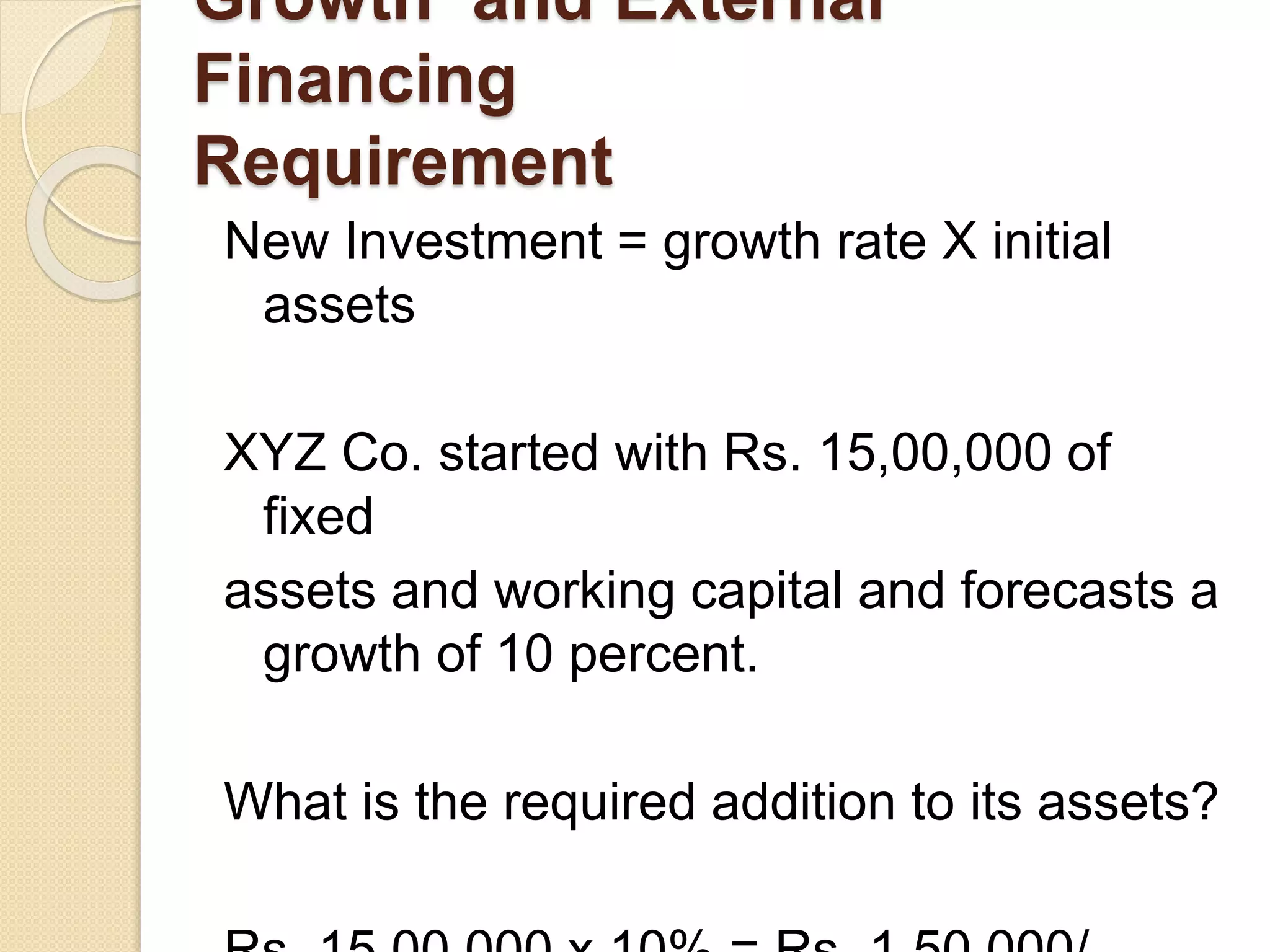 Growth and External
Financing
Requirement
New Investment = growth rate X initial
assets
XYZ Co. started with Rs. 15,00,000 of
fixed
assets and working capital and forecasts a
growth of 10 percent.
What is the required addition to its assets?
 