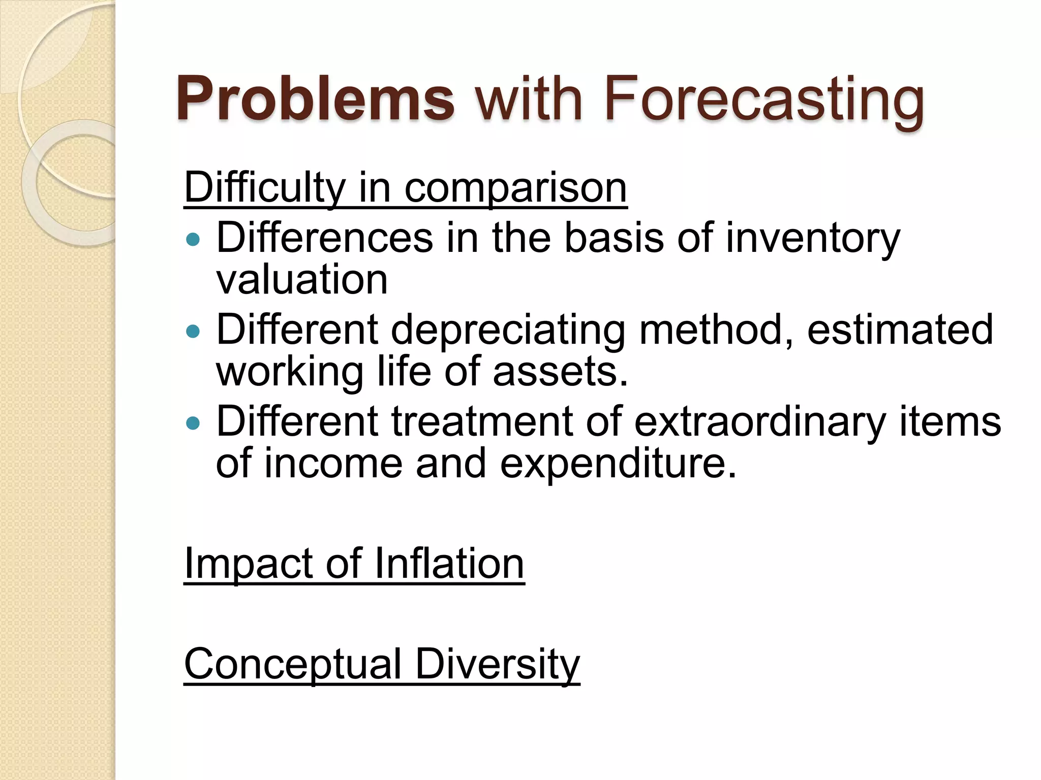 Problems with Forecasting
Difficulty in comparison
 Differences in the basis of inventory
valuation
 Different depreciating method, estimated
working life of assets.
 Different treatment of extraordinary items
of income and expenditure.
Impact of Inflation
Conceptual Diversity
 