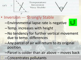 • Inversion --- Strongly Stable
–Environmental lapse rate is negative
–Temp. increases with height
–No tendency for further vertical movement
due to temp. differences
–Any parcel of air will return to its original
position
–Parcel is colder than air above – moves back
–Concentrates pollutants

 