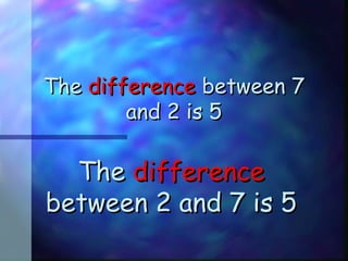 TheThe differencedifference between 7between 7
and 2 is 5and 2 is 5
TheThe differencedifference
between 2 and 7 is 5between 2 and 7 is 5
 