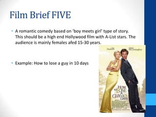 Film Brief FIVE
• A romantic comedy based on ‘boy meets girl’ type of story.
This should be a high end Hollywood film with A-List stars. The
audience is mainly females afed 15-30 years.
• Example: How to lose a guy in 10 days
 