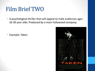 Film Brief TWO
• A psychological thriller that will appeal to male audiences ages
16-30 year olds. Produced by a main hollywood company.
• Example: Taken
 
