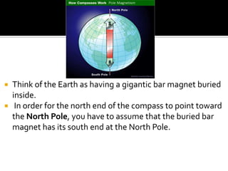  Think of the Earth as having a gigantic bar magnet buried
inside.
 In order for the north end of the compass to point toward
the North Pole, you have to assume that the buried bar
magnet has its south end at the North Pole.
 