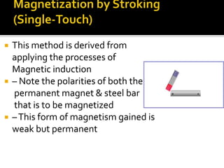  This method is derived from
applying the processes of
Magnetic induction
 – Note the polarities of both the
permanent magnet & steel bar
that is to be magnetized
 –This form of magnetism gained is
weak but permanent
 