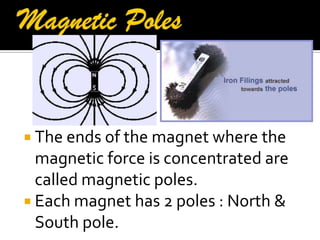  The ends of the magnet where the
magnetic force is concentrated are
called magnetic poles.
 Each magnet has 2 poles : North &
South pole.
 