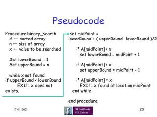 Pseudocode
17-01-2020 20
Procedure binary_search
A ← sorted array
n ← size of array
x ← value to be searched
Set lowerBound = 1
Set upperBound = n
while x not found
if upperBound < lowerBound
EXIT: x does not
exists.
set midPoint =
lowerBound + ( upperBound -lowerBound )/2
if A[midPoint] < x
set lowerBound = midPoint + 1
if A[midPoint] > x
set upperBound = midPoint - 1
if A[midPoint] = x
EXIT: x found at location midPoint
end while
end procedure
 