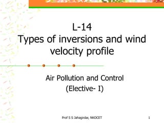 L-14
Types of inversions and wind
velocity profile
Air Pollution and Control
(Elective- I)

Prof S S Jahagirdar, NKOCET

1

 
