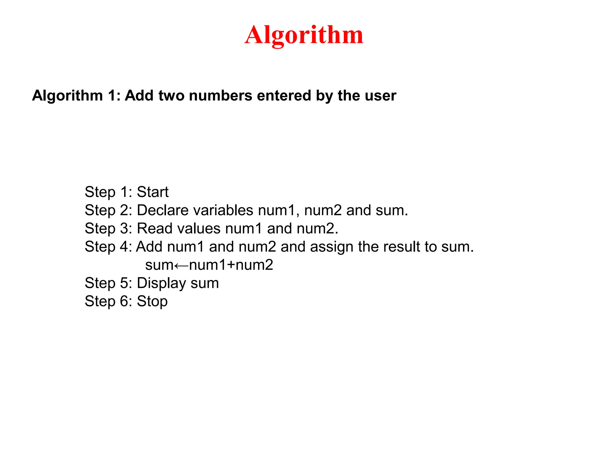 Algorithm Algorithm 1: Add two numbers entered by the user Step 1: Start Step 2: Declare variables num1, num2 and sum. Step 3: Read values num1 and num2. Step 4: Add num1 and num2 and assign the result to sum. sum←num1+num2 Step 5: Display sum Step 6: Stop 