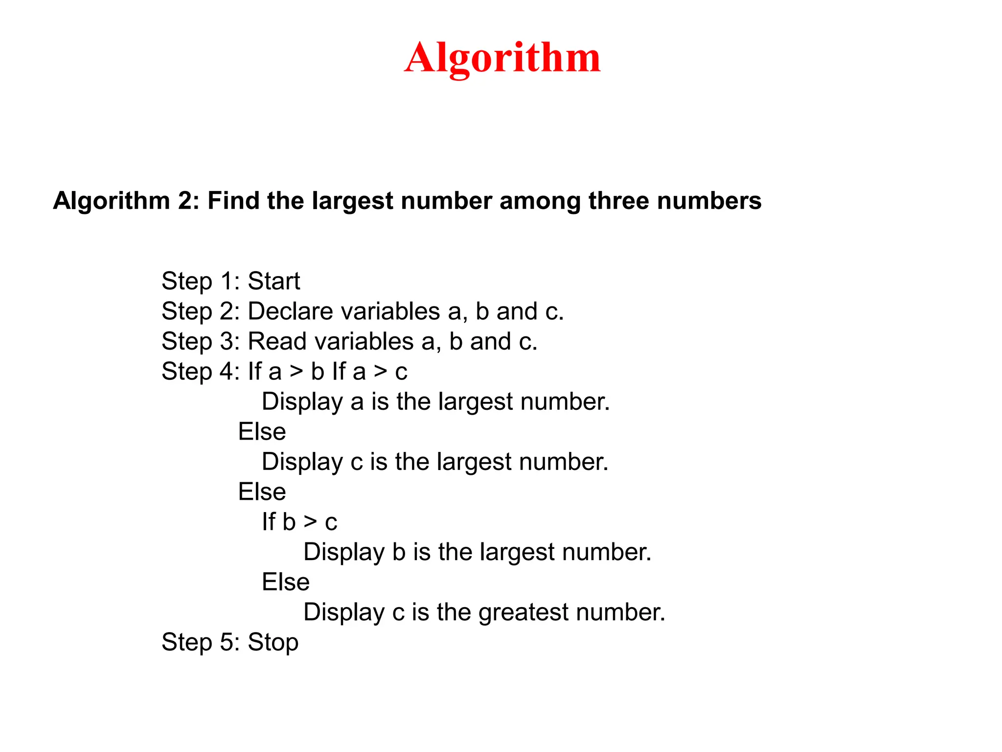 Algorithm Algorithm 2: Find the largest number among three numbers Step 1: Start Step 2: Declare variables a, b and c. Step 3: Read variables a, b and c. Step 4: If a > b If a > c Display a is the largest number. Else Display c is the largest number. Else If b > c Display b is the largest number. Else Display c is the greatest number. Step 5: Stop 