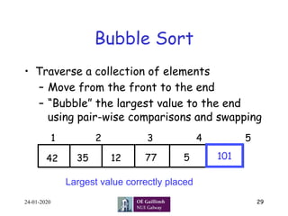 Bubble Sort
•  Traverse a collection of elements
–  Move from the front to the end
–  “Bubble” the largest value to the end
using pair-wise comparisons and swapping
77123542 5
1 2 3 4 5
101
Largest value correctly placed
24-01-2020 29
 
