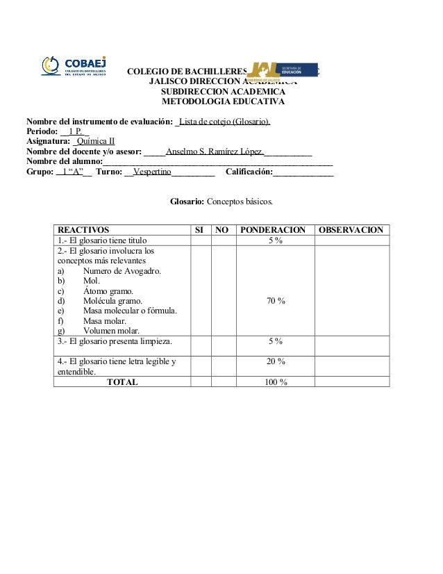 Lista de Cotejo (glosario estequiometria)