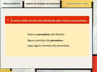 LÓGICA SILOGÍSTICA Escola Secundária D. João II 
REGRAS DE VALIDADE DO SILOGISMO 
5 O termo médio tem de estar distribuído pelo menos numa premissa 
Todos os pensadores são filósofos 
Alguns cientistas são pensadores 
Logo, alguns cientistas são pensadores 
 