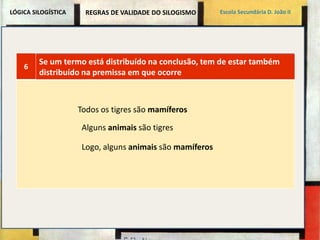 LÓGICA SILOGÍSTICA Escola Secundária D. João II 
6 
REGRAS DE VALIDADE DO SILOGISMO 
Se um termo está distribuído na conclusão, tem de estar também 
distribuído na premissa em que ocorre 
Todos os tigres são mamíferos 
Alguns animais são tigres 
Logo, alguns animais são mamíferos 
 