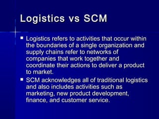 LLooggiissttiiccss vvss SSCCMM 
 LLooggiissttiiccss rreeffeerrss ttoo aaccttiivviittiieess tthhaatt ooccccuurr wwiitthhiinn 
tthhee bboouunnddaarriieess ooff aa ssiinnggllee oorrggaanniizzaattiioonn aanndd 
ssuuppppllyy cchhaaiinnss rreeffeerr ttoo nneettwwoorrkkss ooff 
ccoommppaanniieess tthhaatt wwoorrkk ttooggeetthheerr aanndd 
ccoooorrddiinnaattee tthheeiirr aaccttiioonnss ttoo ddeelliivveerr aa pprroodduucctt 
ttoo mmaarrkkeett.. 
 SSCCMM aacckknnoowwlleeddggeess aallll ooff ttrraaddiittiioonnaall llooggiissttiiccss 
aanndd aallssoo iinncclluuddeess aaccttiivviittiieess ssuucchh aass 
mmaarrkkeettiinngg,, nneeww pprroodduucctt ddeevveellooppmmeenntt,, 
ffiinnaannccee,, aanndd ccuussttoommeerr sseerrvviiccee.. 
 