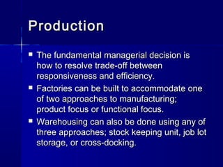 PPrroodduuccttiioonn 
 TThhee ffuunnddaammeennttaall mmaannaaggeerriiaall ddeecciissiioonn iiss 
hhooww ttoo rreessoollvvee ttrraaddee--ooffff bbeettwweeeenn 
rreessppoonnssiivveenneessss aanndd eeffffiicciieennccyy.. 
 FFaaccttoorriieess ccaann bbee bbuuiilltt ttoo aaccccoommmmooddaattee oonnee 
ooff ttwwoo aapppprrooaacchheess ttoo mmaannuuffaaccttuurriinngg;; 
pprroodduucctt ffooccuuss oorr ffuunnccttiioonnaall ffooccuuss.. 
 WWaarreehhoouussiinngg ccaann aallssoo bbee ddoonnee uussiinngg aannyy ooff 
tthhrreeee aapppprrooaacchheess;; ssttoocckk kkeeeeppiinngg uunniitt,, jjoobb lloott 
ssttoorraaggee,, oorr ccrroossss--ddoocckkiinngg.. 
 