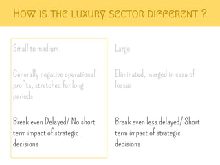How is the luxury sector different ? 
Small to medium 
Generally negative operational 
profits, stretched for long 
periods 
Break even Delayed/ No short 
term impact of strategic 
decisions 
Large 
Eliminated, merged in case of 
losses 
Break even less delayed/ Short 
term impact of strategic 
decisions 
 