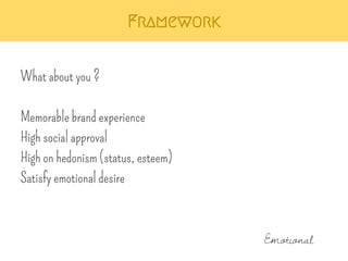 Framework 
What about you ? 
Memorable brand experience 
High social approval 
High on hedonism (status, esteem) 
Satisfy emotional desire 
Emotional 
 