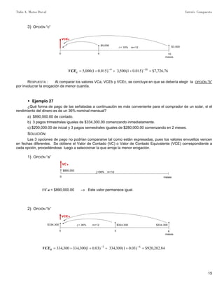 Tulio A. Mateo Duval Interés Compuesto
15
3) OPCIÓN “c”
0 4 10
meses
i = 18% m=12
VCEc
$5,000
$3,500
76.726,7$)015.01(500,3)015.01(000,5 104
=+++= −−
cVCE
RESPUESTA : Al comparar los valores VCa, VCEb y VCEc, se concluye en que se debería elegir la OPCIÓN “b”
por involucrar la erogación de menor cuantía.
▶ Ejemplo 27
¿Qué forma de pago de las señaladas a continuación es más conveniente para el comprador de un solar, si el
rendimiento del dinero es de un 36% nominal mensual?
a) $890,000.00 de contado.
b) 3 pagos trimestrales iguales de $334,300.00 comenzando inmediatamente.
c) $200,000.00 de inicial y 3 pagos semestrales iguales de $280,000.00 comenzando en 2 meses.
SOLUCIÓN:
Las 3 opciones de pago no podrían compararse tal como están expresadas, pues los valores envueltos vencen
en fechas diferentes. Se obtiene el Valor de Contado (VC) o Valor de Contado Equivalente (VCE) correspondiente a
cada opción, procediéndose luego a seleccionar la que arroje la menor erogación.
1) OPCIÓN “a”
0 meses
j =36% m=12
VCa
$890,000
VC a = $890,000.00 –» Este valor permanece igual.
2) OPCIÓN “b”
0 3 6
meses
j = 36% m=12
VCE b
$334,300 $334,300 $334,300
84.202,920$)03.01(300,334)03.01(300,334300,334 63
=++++= −−
bVCE
 