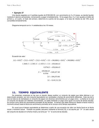 Tulio A. Mateo Duval Interés Compuesto
23
▶ Ejemplo 37
Una deuda pagadera en 2 partidas iguales de $180,000.00, con vencimiento en 4 y 8 meses, se decide liquidar
mediante 4 abonos semestrales, comenzando a pagar inmediatamente. Si los pagos Nos. 2 y 3 son iguales al doble del
primero y, el cuarto, el triple del primero, determine la cuantía de los pagos, si la tasa de interés es del 18% anual
convertible bimestralmente.
Diagrama temporal con la FF establecida a los 18 meses:
0 4
j = 18% m = 6 i = 3%
FF
2X
8 18
meses
3X
$180,000
t =14 m. n = 7
t = 12 m. n = 6
t = 6 m. n = 3
t = 10 m. n = 5
6 12
$180,000
X 2X
t = 18 m. n = 9
Ecuación de valor:
57369
)03.01(000,180)03.01(000,1803)03.01(2)03.01(2)03.01( +++=++++++ XXXX
63.046,43031855.23881.23048.1 =+++ XXXX
63.046,4308784.8 =X
40.437,48$
8784.8
63.046,430
==X
80.874,96$2 =X
20.312,145$3 =X
11. TIEMPO EQUIVALENTE
Se presentan ocasiones en las que un deudor desea sustituir un conjunto de pagos que debe efectuar a un
determinado acreedor, por otro conjunto equivalente con cantidades y fechas de vencimiento diferentes. Esta vez de lo
que se trata es de reemplazar un conjunto de pagos con diversos vencimientos por un pago único. La fecha en la cual
un conjunto de deudas con distintos vencimientos, se salda mediante un pago único igual a la suma de dichas deudas,
se conoce como fecha de vencimiento promedio de las deudas. Al tiempo que debe transcurrir desde la fecha inicial (o
momento actual) hasta la fecha de vencimiento promedio se le conoce como tiempo equivalente.
Es usual que el tiempo equivalente se determine a partir de una ecuación de valor con fecha focal en la fecha
inicial o momento actual. También es posible calcularlo mediante la fórmula [12], si se asume por "" P el valor actual
del conjunto de deudas en la fecha inicial y se toma por "" S la suma de las deudas.
 