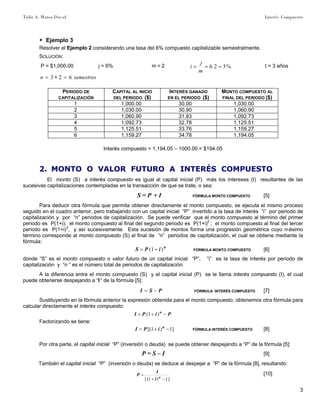Tulio A. Mateo Duval Interés Compuesto
3
▶ Ejemplo 3
Resolver el Ejemplo 2 considerando una tasa del 6% compuesto capitalizable semestralmente.
SOLUCIÓN:
P = $1,000.00 j = 6% m = 2 %326 ===
m
j
i t = 3 años
semestresn 623 =∗=
PERIODO DE
CAPITALIZACIÓN
CAPITAL AL INICIO
DEL PERIODO ($)
INTERÉS GANADO
EN EL PERIODO ($)
MONTO COMPUESTO AL
FINAL DEL PERIODO ($)
1 1,000.00 30.00 1,030.00
2 1,030.00 30.90 1,060.90
3 1,060.90 31.83 1,092.73
4 1,092.73 32.78 1,125.51
5 1,125.51 33.76 1,159.27
6 1,159.27 34.78 1,194.05
Interés compuesto = 1,194.05 – 1000.00 = $194.05
2. MONTO O VALOR FUTURO A INTERÉS COMPUESTO
El monto (S) a interés compuesto es igual al capital inicial (P) más los intereses (I) resultantes de las
sucesivas capitalizaciones contempladas en la transacción de que se trate, o sea:
S = P + I FÓRMULA MONTO COMPUESTO [5]
Para deducir otra fórmula que permita obtener directamente el monto compuesto, se ejecuta el mismo proceso
seguido en el cuadro anterior, pero trabajando con un capital inicial “P” invertido a la tasa de interés “i” por periodo de
capitalización y por “n” periodos de capitalización. Se puede verificar que el monto compuesto al término del primer
periodo es P(1+i); el monto compuesto al final del segundo periodo es P(1+i)2
; el monto compuesto al final del tercer
periodo es P(1+i)3
, y así sucesivamente. Esta sucesión de montos forma una progresión geométrica cuyo n-ésimo
término corresponde al monto compuesto (S) al final de “n” periodos de capitalización, el cual se obtiene mediante la
fórmula:
n
iPS )1( += FÓRMULA MONTO COMPUESTO [6]
donde “S” es el monto compuesto o valor futuro de un capital inicial “P”, “i” es la tasa de interés por periodo de
capitalización y “n “ es el número total de periodos de capitalización.
A la diferencia entre el monto compuesto (S) y el capital inicial (P) se le llama interés compuesto (I), el cual
puede obtenerse despejando a “I“ de la fórmula [5]:
PSI −= FÓRMULA INTERÉS COMPUESTO [7]
Sustituyendo en la fórmula anterior la expresión obtenida para el monto compuesto, obtenemos otra fórmula para
calcular directamente el interés compuesto:
PiPI n
−+= )1(
Factorizando se tiene:
]1)1[( −+= n
iPI FÓRMULA INTERÉS COMPUESTO [8]
Por otra parte, el capital inicial “P” (inversión o deuda) se puede obtener despejando a “P” de la fórmula [5]:
P = S – I [9]
También el capital inicial “P” (inversión o deuda) se deduce al despejar a “P” de la fórmula [8], resultando:
]1)1([ −+
= n
i
I
P [10]
 