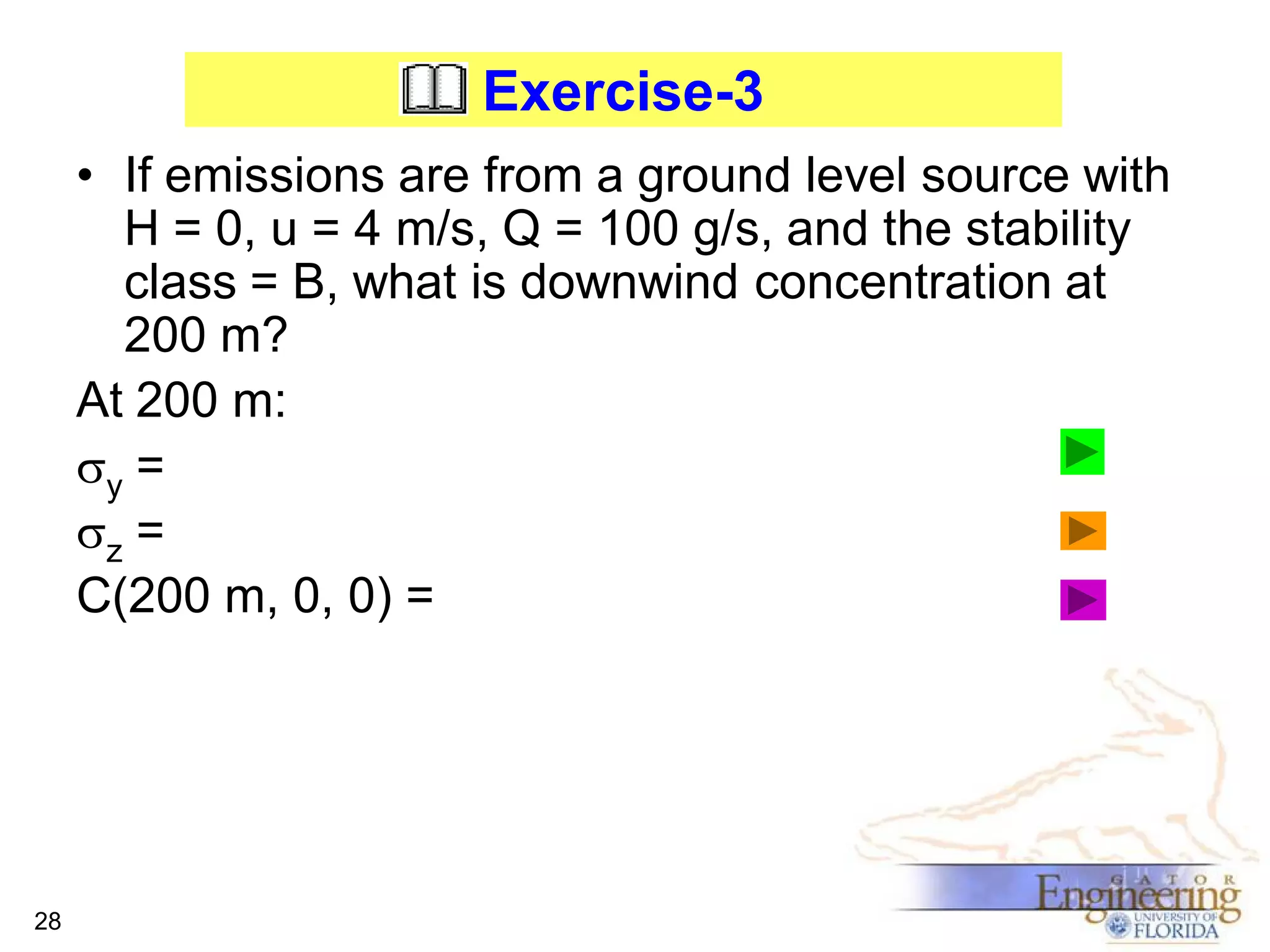 Exercise-3
• If emissions are from a ground level source with
H = 0, u = 4 m/s, Q = 100 g/s, and the stability
class = B, what is downwind concentration at
200 m?
At 200 m:
sy =
sz =
C(200 m, 0, 0) =

28

 
