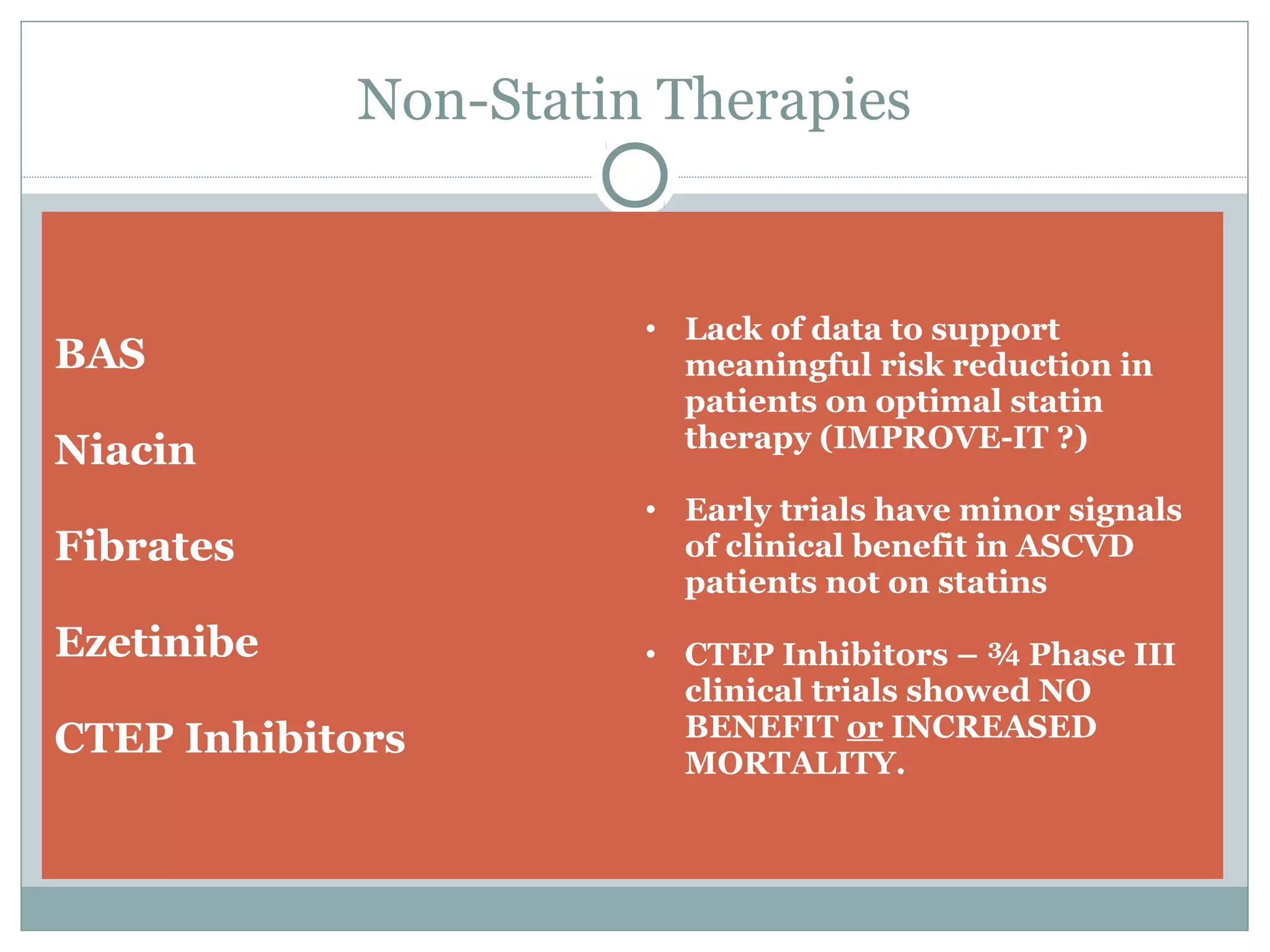 Non-Statin Therapies
BAS
Niacin
Fibrates
Ezetinibe
CTEP Inhibitors
• Lack of data to support
meaningful risk reduction in
patients on optimal statin
therapy (IMPROVE-IT ?)
• Early trials have minor signals
of clinical benefit in ASCVD
patients not on statins
• CTEP Inhibitors – ¾ Phase III
clinical trials showed NO
BENEFIT or INCREASED
MORTALITY.
 