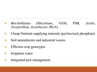  Bio-fertilizers (Rhizobium, VAM, PSB, Azolla,
Azospirillum, Azotobactor, BGA)
 Cheap Nutrient supplying minerals (pyrites/rock phosphate)
 Soil amendments and industrial wastes
 Efficient crop genotypes
 Irrigation water
 Integrated pest management
 