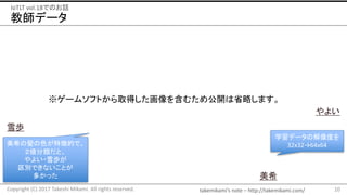 takemikami’s note	– http://takemikami.com/
教師データ
10Copyright	(C)	2017	Takeshi	Mikami.	All	rights	reserved.
IoTLT vol.18でのお話
雪歩
美希
やよい
美希の髪の色が特徴的で、
２値分類だと、
やよい・雪歩が
区別できないことが
多かった
学習データの解像度を
32x32→64x64
※ゲームソフトから取得した画像を含むため公開は省略します。
 