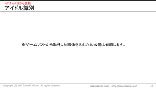 takemikami’s note	– http://takemikami.com/
アイドル識別
11Copyright	(C)	2017	Takeshi	Mikami.	All	rights	reserved.
IoTLT vol.18から更新
※ゲームソフトから取得した画像を含むため公開は省略します。
 