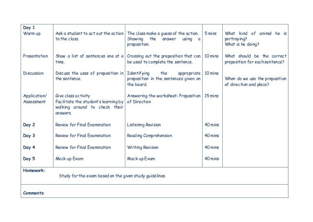 Learning Plan Grammar Prepositions, Listening, Reading