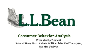 Consumer Behavior Analysis
Presented by Element
Hannah Hook, Noah Kidney, Will Lanthier, Earl Thompson,
and Mae Sullivan
 