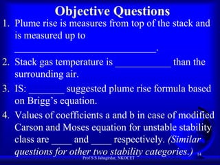Objective Questions
1. Plume rise is measures from top of the stack and
is measured up to
____________________________.
2. Stack gas temperature is ___________ than the
surrounding air.
3. IS: _______ suggested plume rise formula based
on Brigg’s equation.
4. Values of coefficients a and b in case of modified
Carson and Moses equation for unstable stability
class are ____ and ____ respectively. (Similar
questions for other Stwo stability categories.) 14
Prof S Jahagirdar, NKOCET

 