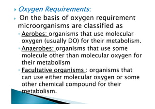 Oxygen RequirementsOxygen RequirementsOxygen RequirementsOxygen Requirements::::
On the basis of oxygen requirement
microorganisms are classified as
◦ Aerobes:Aerobes:Aerobes:Aerobes: organisms that use molecular
oxygen (usually DO) for their metabolism.
◦ Anaerobes:Anaerobes:Anaerobes:Anaerobes: organisms that use some
molecule other than molecular oxygen formolecule other than molecular oxygen for
their metabolism
◦ Facultative organismsFacultative organismsFacultative organismsFacultative organisms :::: organisms that
can use either molecular oxygen or some
other chemical compound for their
metabolism.
 