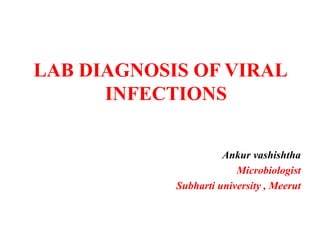 LAB DIAGNOSIS OF VIRAL
INFECTIONS
Ankur vashishtha
Microbiologist
Subharti university , Meerut
 