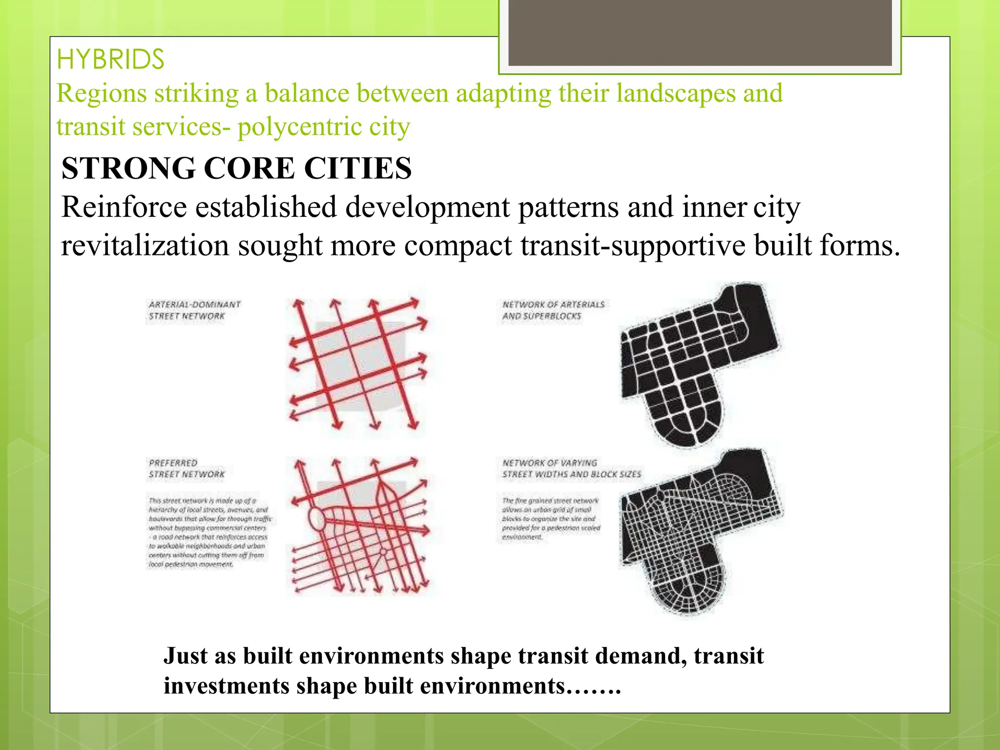 HYBRIDS
Regions striking a balance between adapting their landscapes and
transit services- polycentric city
STRONG CORE CITIES
Reinforce established development patterns and inner city
revitalization sought more compact transit-supportive built forms.
Just as built environments shape transit demand, transit
investments shape built environments…….
 