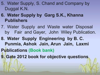 5. Water Supply, S. Chand and Company by
Duggal K.N.
6. Water Supply by Garg S.K., Khanna
Publishers
7. Water Supply and Waste water Disposal
by Fair and Gayer, John Wiley Publication.
8. Water Supply Engineering by B. C.
Punmia, Ashok Jain, Arun Jain, Laxmi
Publications (Book bank)
9. Gate 2012 book for objective questions

 