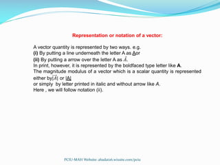 Representation or notation of a vector:
A vector quantity is represented by two ways. e.g.
(i) By putting a line underneath the letter A as Aor
(ii) By putting a arrow over the letter A as 𝐴.
In print, however, it is represented by the boldfaced type letter like A.
The magnitude modulus of a vector which is a scalar quantity is represented
either by|𝐴| or |A|
or simply by letter printed in italic and without arrow like A.
Here , we will follow notation (ii).
PCIU-MAH Website: abadat26.wixsite.com/pciu
 
