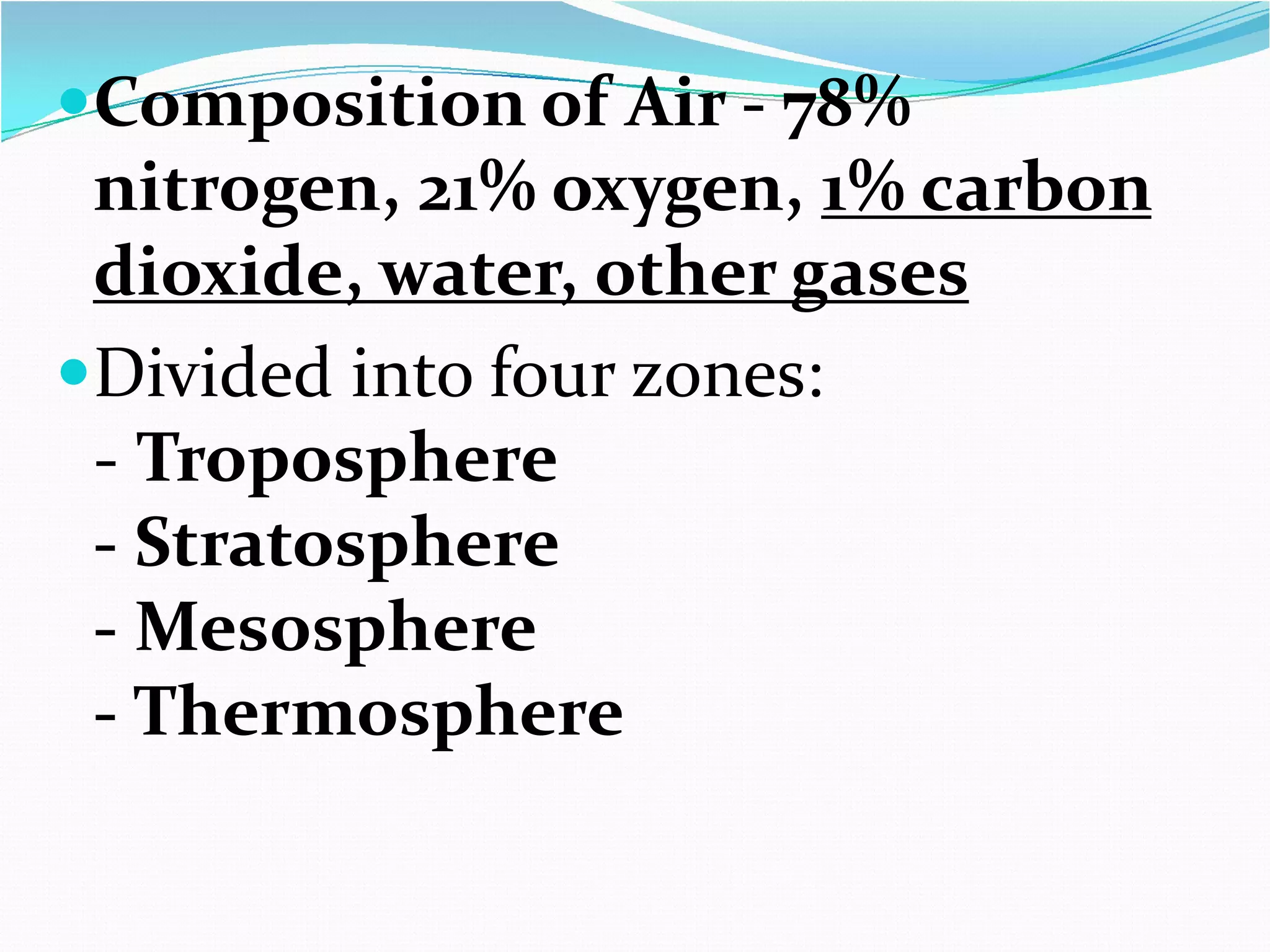 Composition of Air - 78%

nitrogen, 21% oxygen, 1% carbon
dioxide, water, other gases
Divided into four zones:
- Troposphere
- Stratosphere
- Mesosphere
- Thermosphere

 