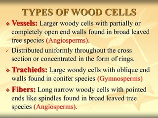  Vessels: Larger woody cells with partially or
completely open end walls found in broad leaved
tree species (Angiosperms).
 Distributed uniformly throughout the cross
section or concentrated in the form of rings.
 Trachieds: Large woody cells with oblique end
walls found in conifer species (Gymnosperms)
 Fibers: Long narrow woody cells with pointed
ends like spindles found in broad leaved tree
species (Angiosperms).
TYPES OF WOOD CELLS
 