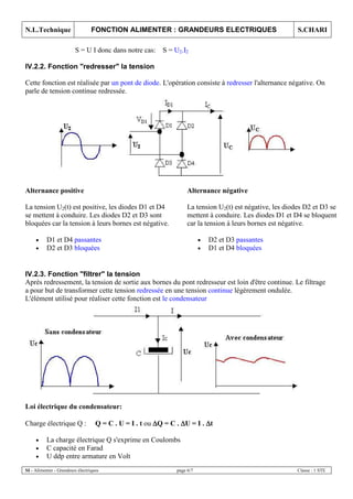 N.L.Technique FONCTION ALIMENTER : GRANDEURS ELECTRIQUES S.CHARI
SI - Alimenter - Grandeurs électriques page 6/7 Classe : 1 STE
S = U I donc dans notre cas: S = U2.I2
IV.2.2. Fonction "redresser" la tension
Cette fonction est réalisée par un pont de diode. L'opération consiste à redresser l'alternance négative. On
parle de tension continue redressée.
Alternance positive
La tension U2(t) est positive, les diodes D1 et D4
se mettent à conduire. Les diodes D2 et D3 sont
bloquées car la tension à leurs bornes est négative.
• D1 et D4 passantes
• D2 et D3 bloquées
Alternance négative
La tension U2(t) est négative, les diodes D2 et D3 se
mettent à conduire. Les diodes D1 et D4 se bloquent
car la tension à leurs bornes est négative.
• D2 et D3 passantes
• D1 et D4 bloquées
IV.2.3. Fonction "filtrer" la tension
Après redressement, la tension de sortie aux bornes du pont redresseur est loin d'être continue. Le filtrage
a pour but de transformer cette tension redressée en une tension continue légèrement ondulée.
L'élément utilisé pour réaliser cette fonction est le condensateur
Loi électrique du condensateur:
Charge électrique Q : Q = C . U = I . t ou ∆∆∆∆Q = C . ∆∆∆∆U = I . ∆∆∆∆t
• La charge électrique Q s'exprime en Coulombs
• C capacité en Farad
• U ddp entre armature en Volt
 