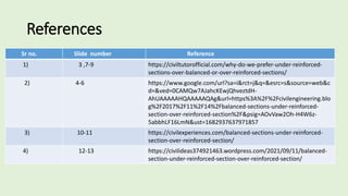 References
Sr no. Slide number Reference
1) 3 ,7-9 https://civiltutorofficial.com/why-do-we-prefer-under-reinforced-
sections-over-balanced-or-over-reinforced-sections/
2) 4-6 https://www.google.com/url?sa=i&rct=j&q=&esrc=s&source=web&c
d=&ved=0CAMQw7AJahcKEwjQhveztdH-
AhUAAAAAHQAAAAAQAg&url=https%3A%2F%2Fcivilengineering.blo
g%2F2017%2F11%2F14%2Fbalanced-sections-under-reinforced-
section-over-reinforced-section%2F&psig=AOvVaw2Oh-H4W6z-
5abbhLF16LmN&ust=1682937637971857
3) 10-11 https://civilexperiences.com/balanced-sections-under-reinforced-
section-over-reinforced-section/
4) 12-13 https://civilideas374921463.wordpress.com/2021/09/11/balanced-
section-under-reinforced-section-over-reinforced-section/
 