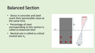 Balanced Section
• Stress in concrete and steel
reach their permissible value at
the same time
• Percentage of steel
corresponding to this section is
called as balanced steel
• Neutral axis is called as critical
neutral axis 𝑛𝑐
 