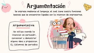 Argumentación
Se expresa mediante el lenguaje, el cual tiene cuatro funciones
basicas que se encuentran ligadas con la intencion de expresarnos.
Ej. Columnas de periodico
Se utiliza cuando la
intencion es persuadir,
convencer o demostrar
alguna idea o proposicion.
Argumentativa
 