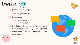 Lenguaje
Ej. Debes dormir lo suficiente para
mantenerte sano y en optimas
condiciones para realizar tus
actividades.
Argumentar
Funciones del lenguaje
Persuadir
Convencer
Intenciones
 