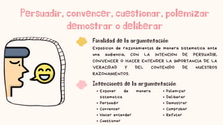 Persuadir, convencer, cuestionar, polemizar
demostrar o deliberar
Finalidad de la argumentación
Exposicion de razonamientos de manera sistematica ante
una audiencia, CON LA INTENCION DE PERSUADIR,
CONVENCER O HACER ENTENDER LA IMPORTANCIA DE LA
VERACIDAD Y DEL CONTENIDO DE NUESTROS
RAZONAMIENTOS.
Intenciones de la argumentación
Exponer de manera
sistematica
Persuadir
Convencer
Hacer entender
Cuestionar
Polemizar
Deliberar
Demostrar
Comprobar
Refutar
 
